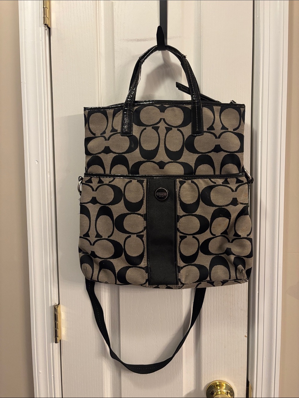 Coach Khaki and Black Signature Tote with Leather Trim